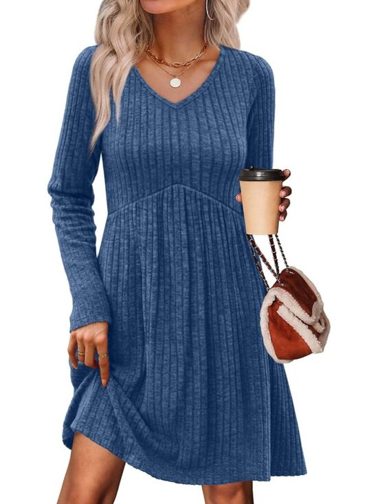 Dresses & Skirts - Women's Blue Neck Empire Waist Baby Doll Long Casual with Pocket Mini Dress